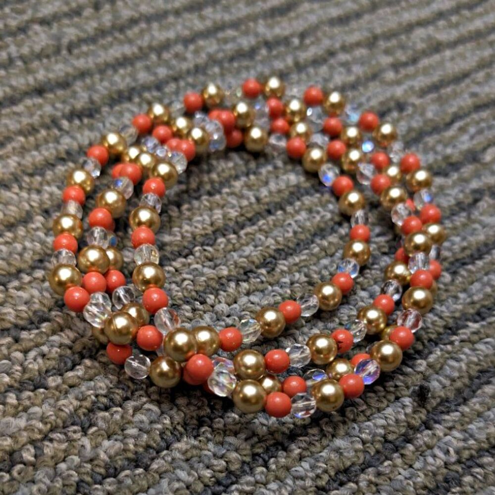 Vintage Multi Strand Peach Coral Beaded Necklace Gold Tone Aurora Borealis Clear